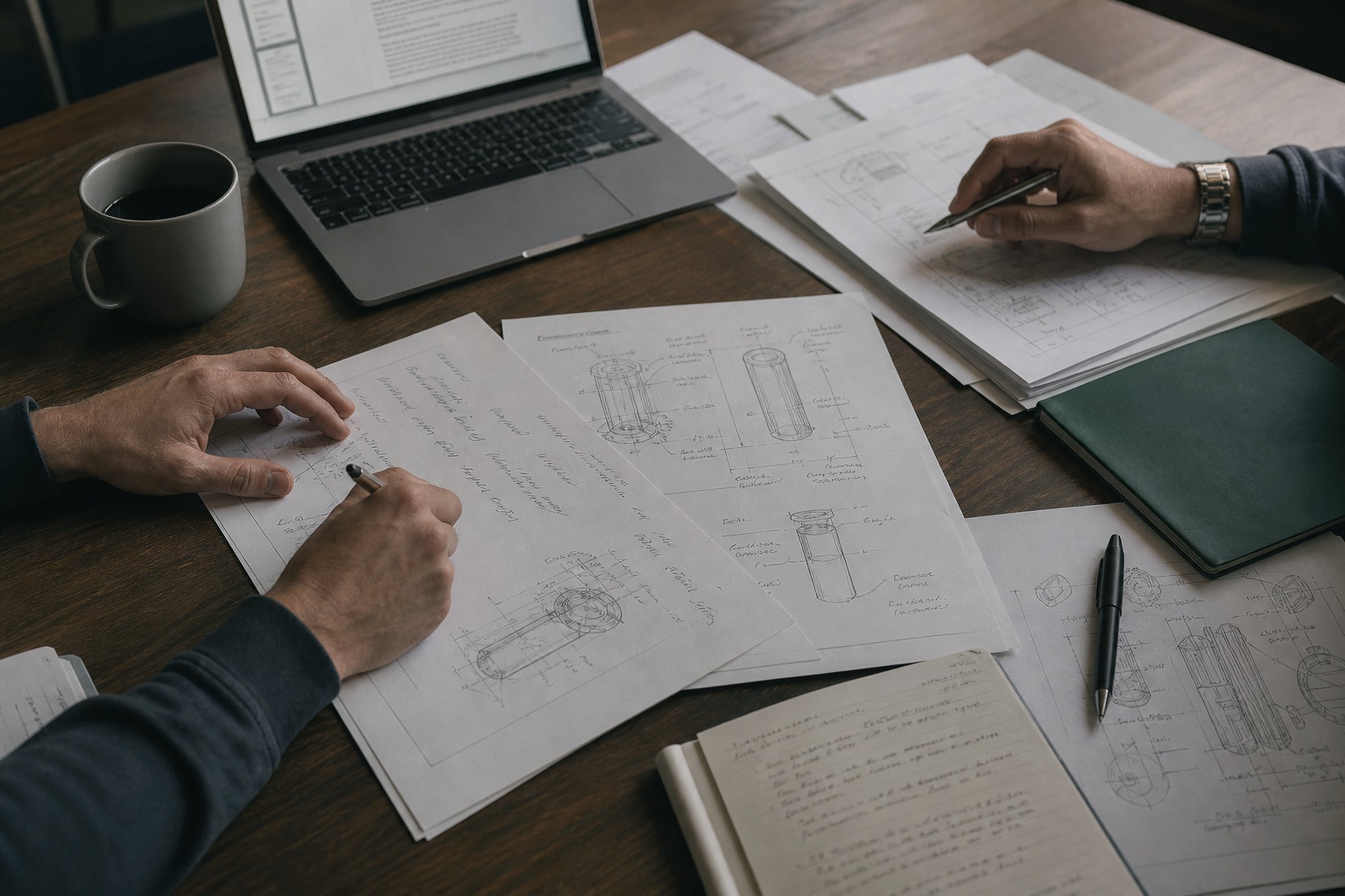 An overhead working session with marked-up patent drafts, a laptop, and fine pens