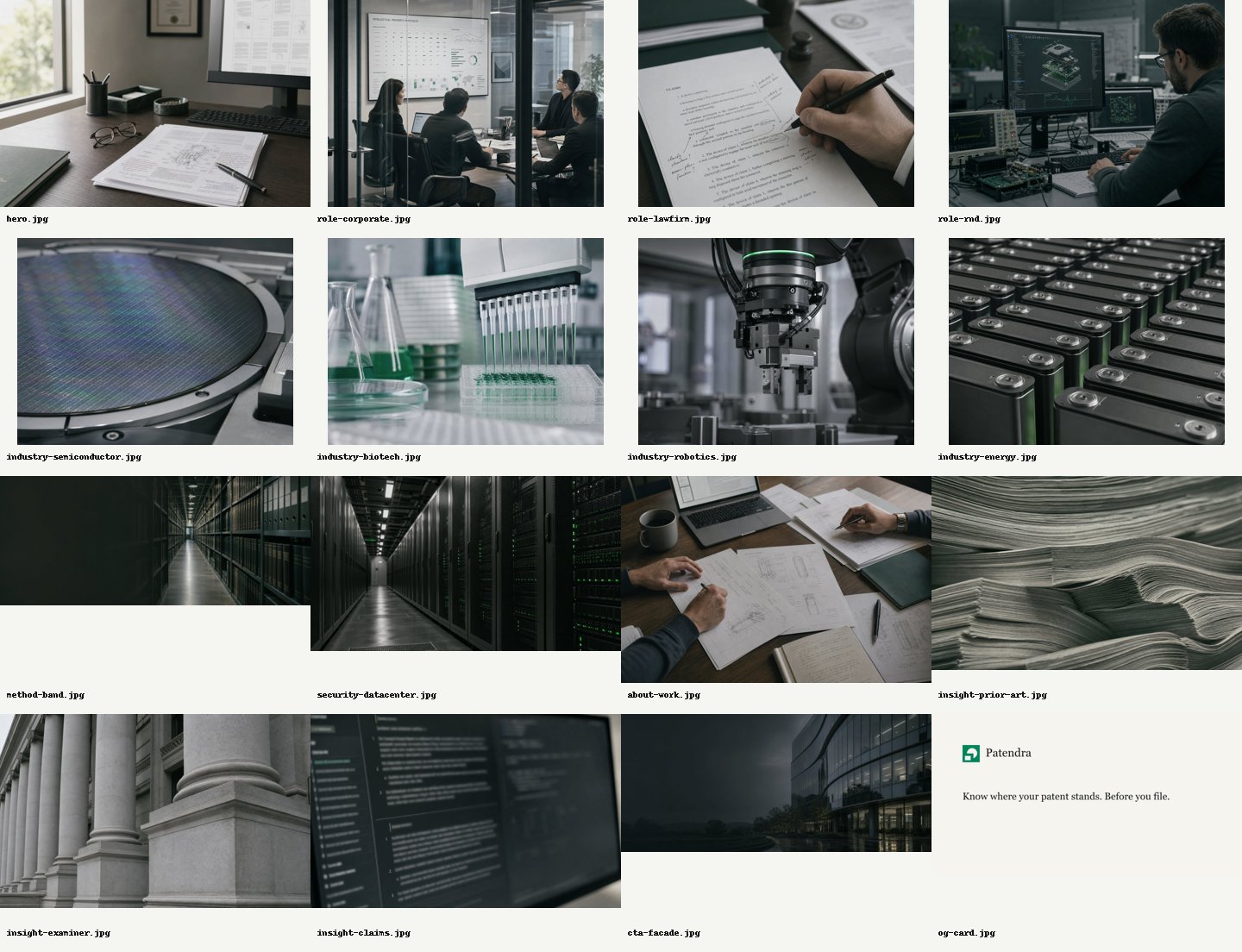Printed prior-art contact sheets and claim charts spread across a desk