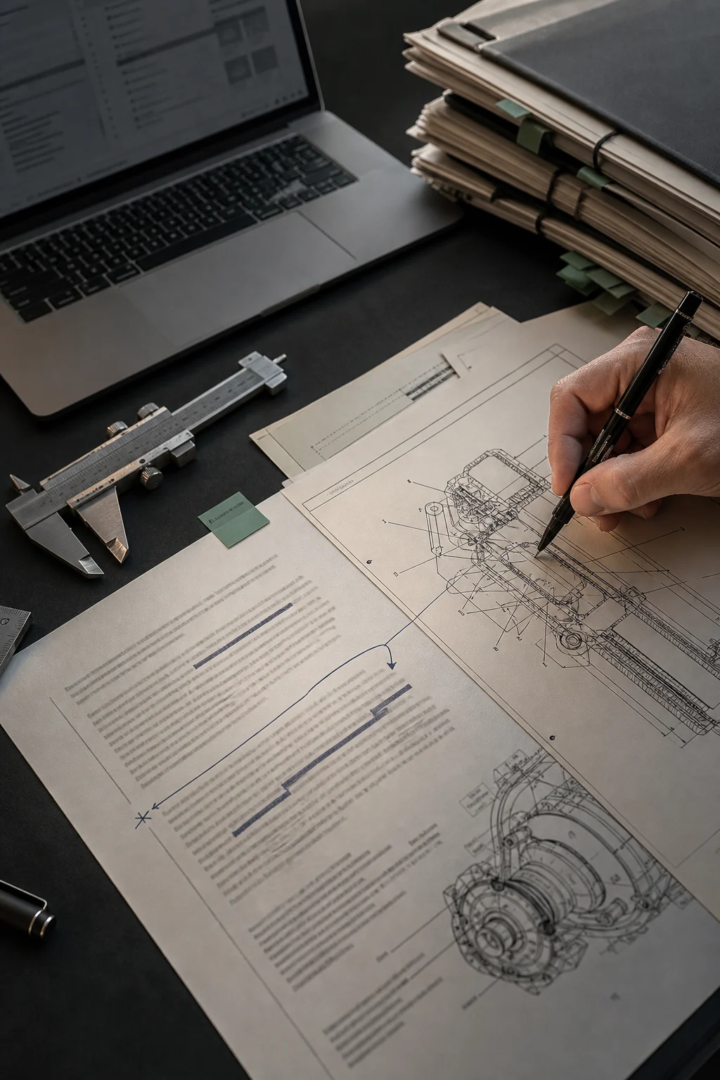 Technical drawings, claim pages, and measurement tools arranged for evidence review