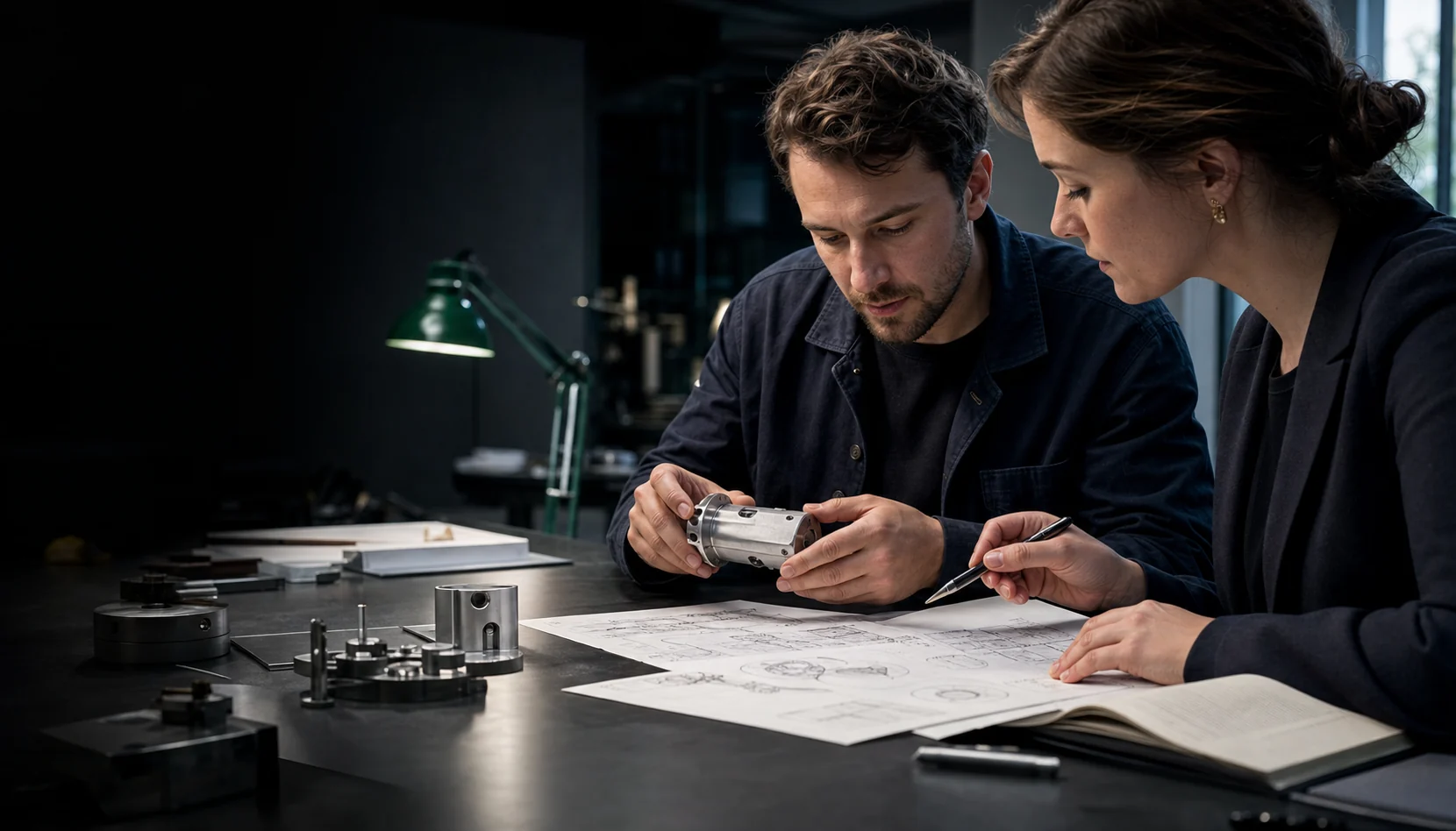 An engineer and patent professional reviewing a precision component and technical drawings