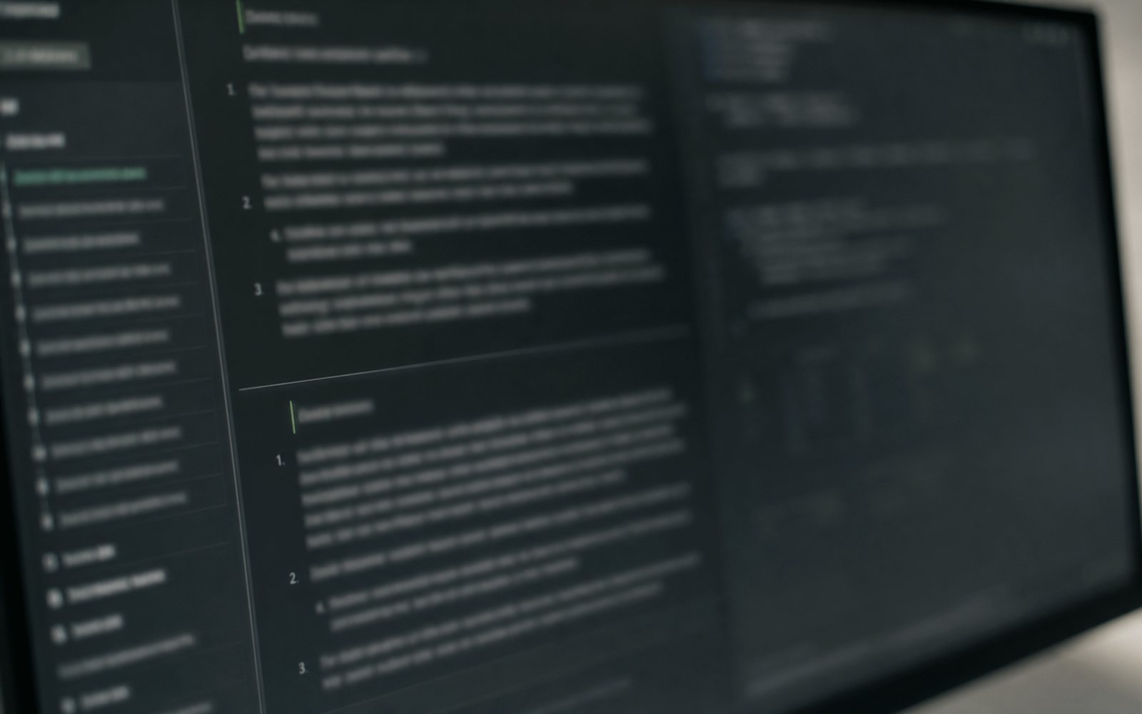 A screen showing dense, claim-like structured text photographed at an angle