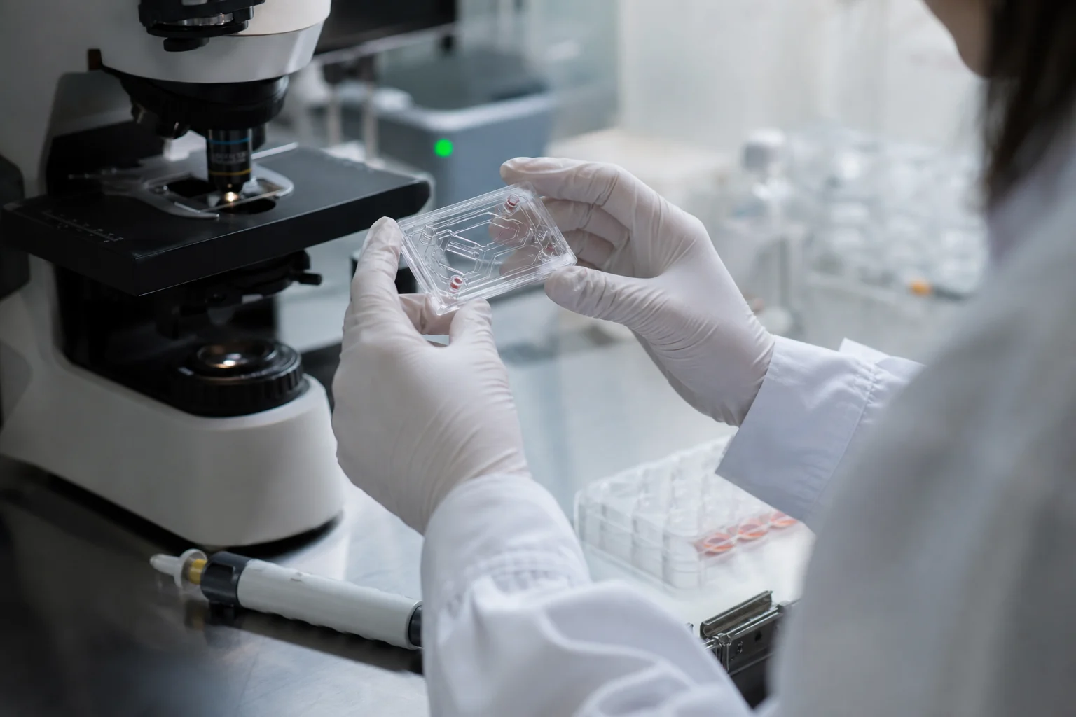 A researcher inspecting a microfluidic cartridge beside a microscope