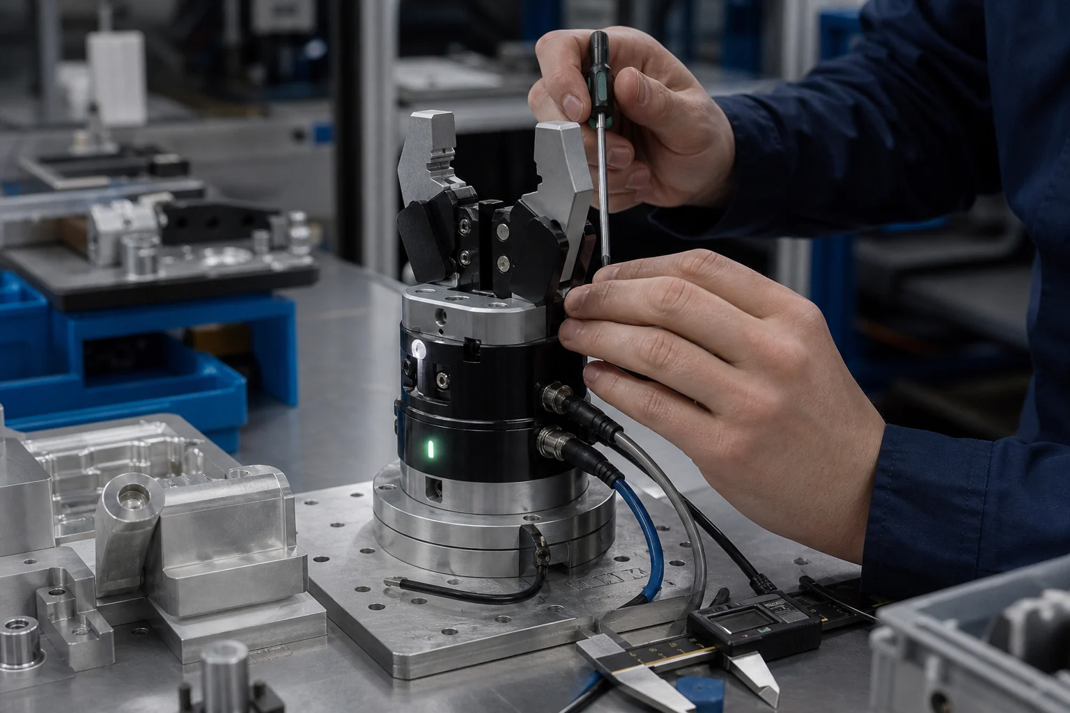 An engineer calibrating a compact industrial robotic gripper