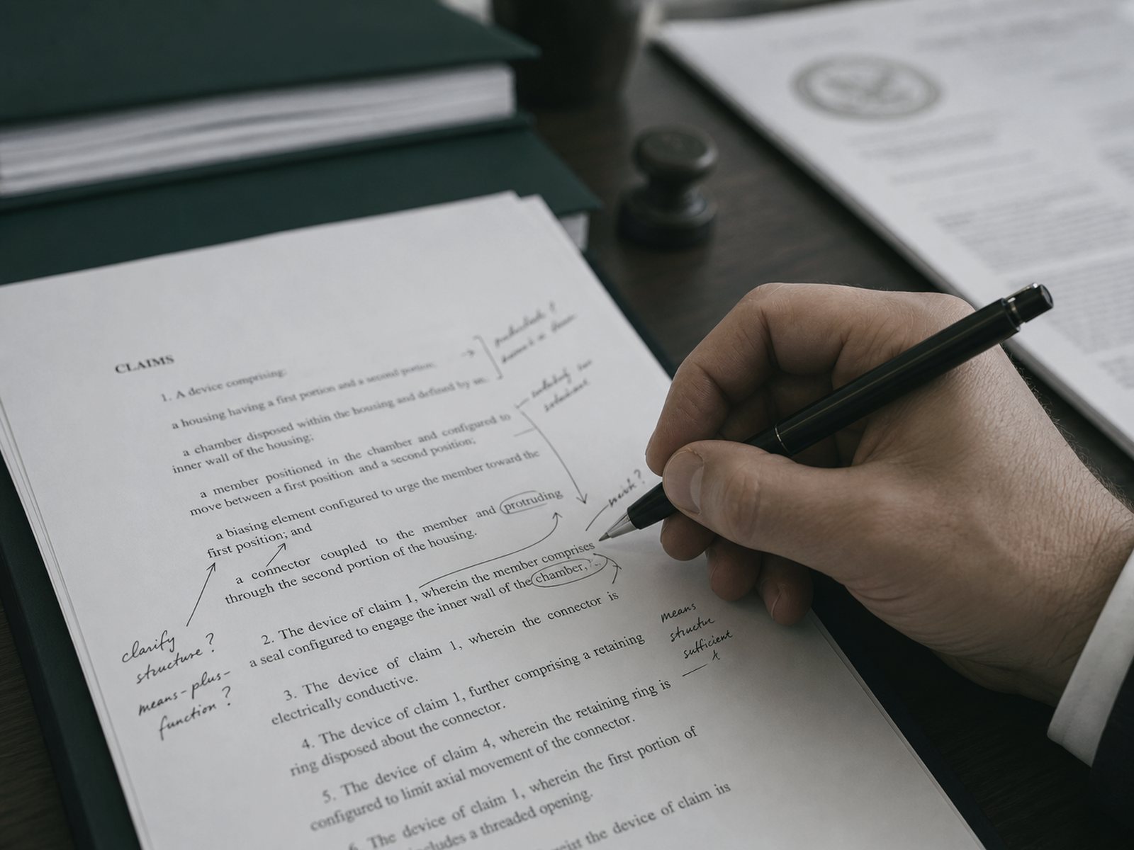 A patent attorney annotating a printed claims page with a fine pen