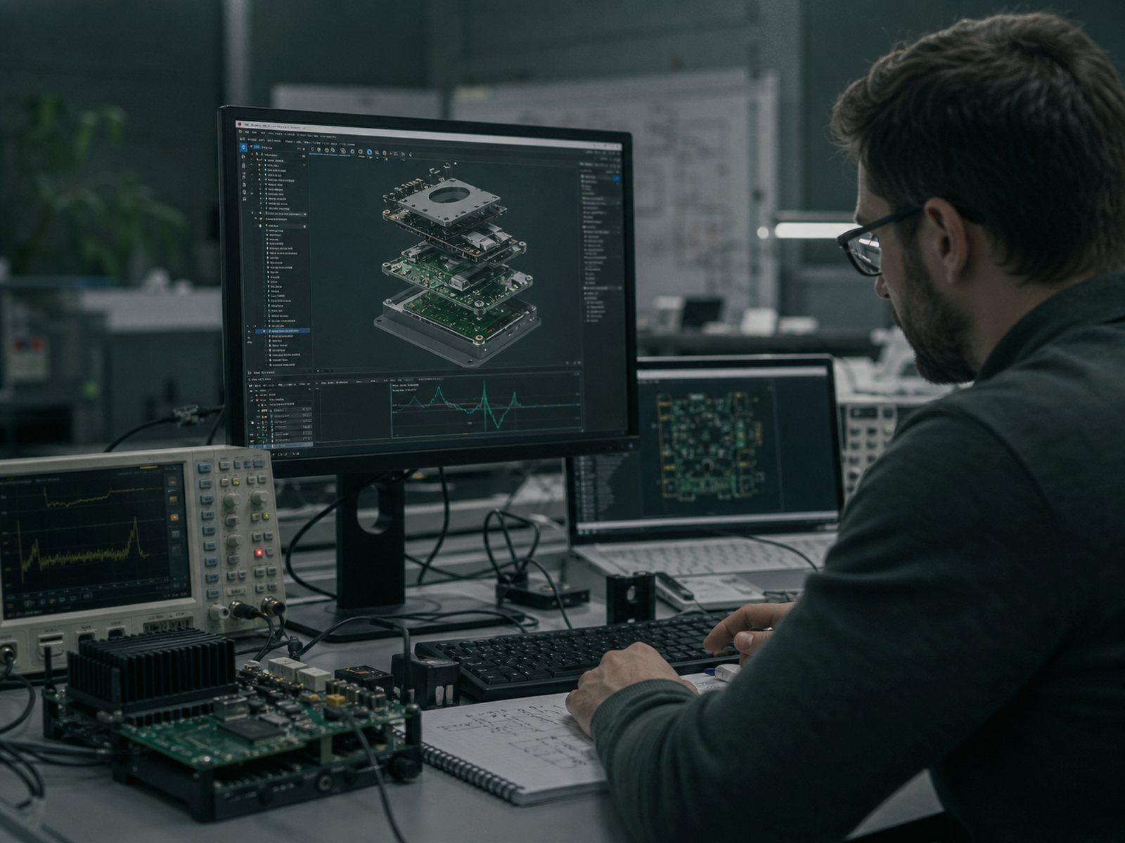 An R&D workstation with prototype hardware and CAD geometry on the screens