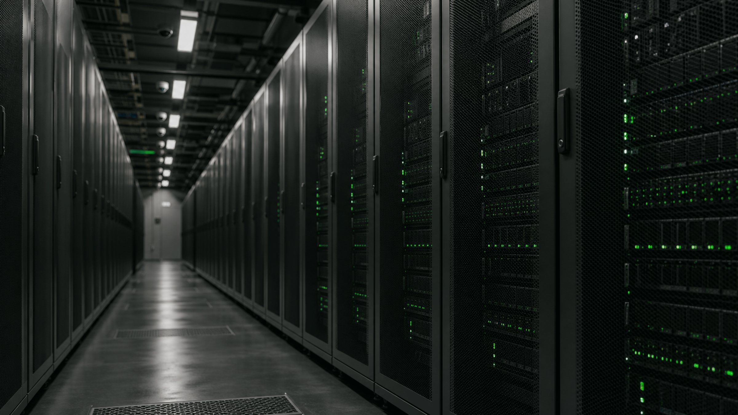 A dim server-rack corridor lit only by green status LEDs