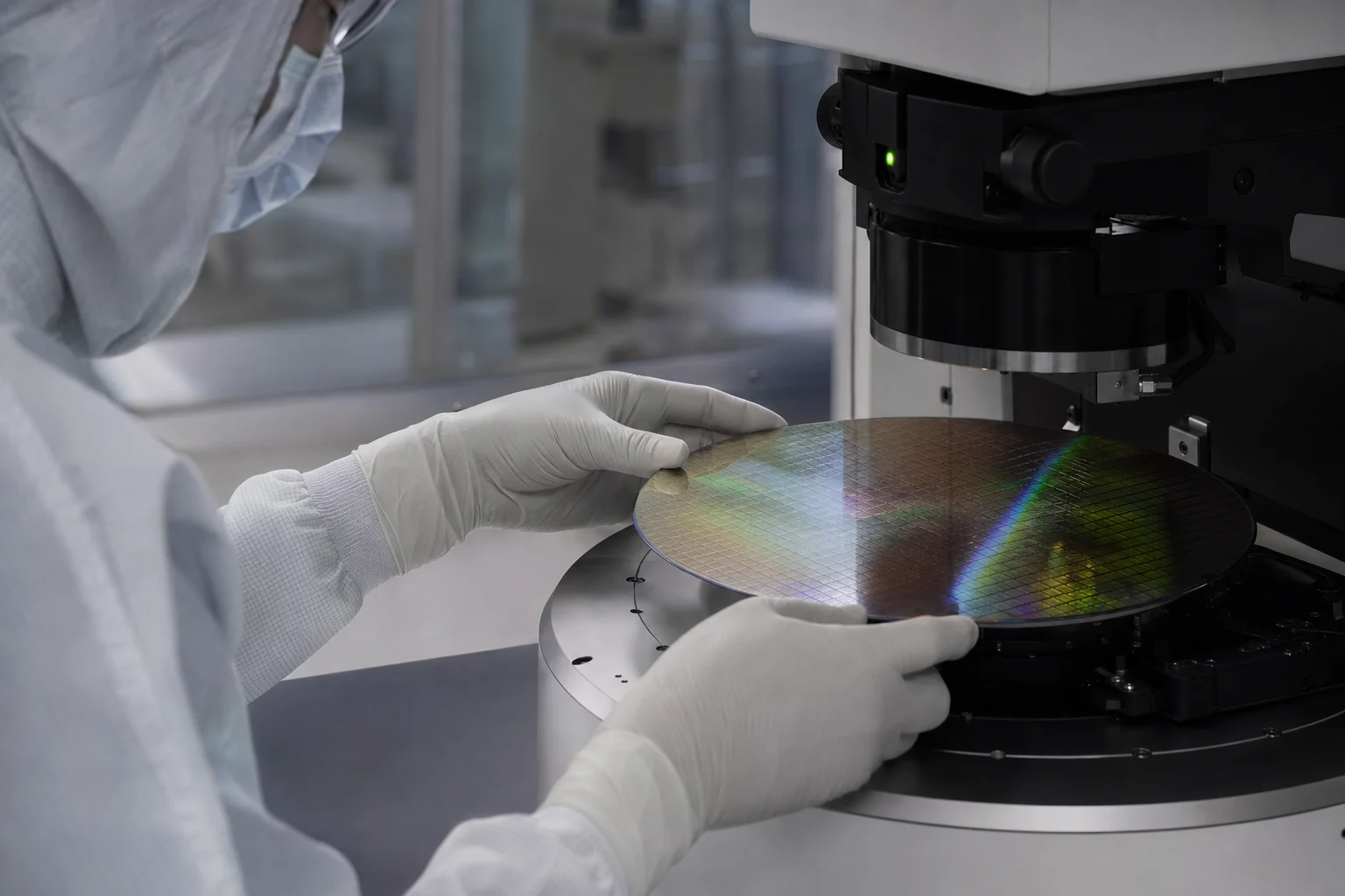 A semiconductor engineer positioning a silicon wafer in a metrology station